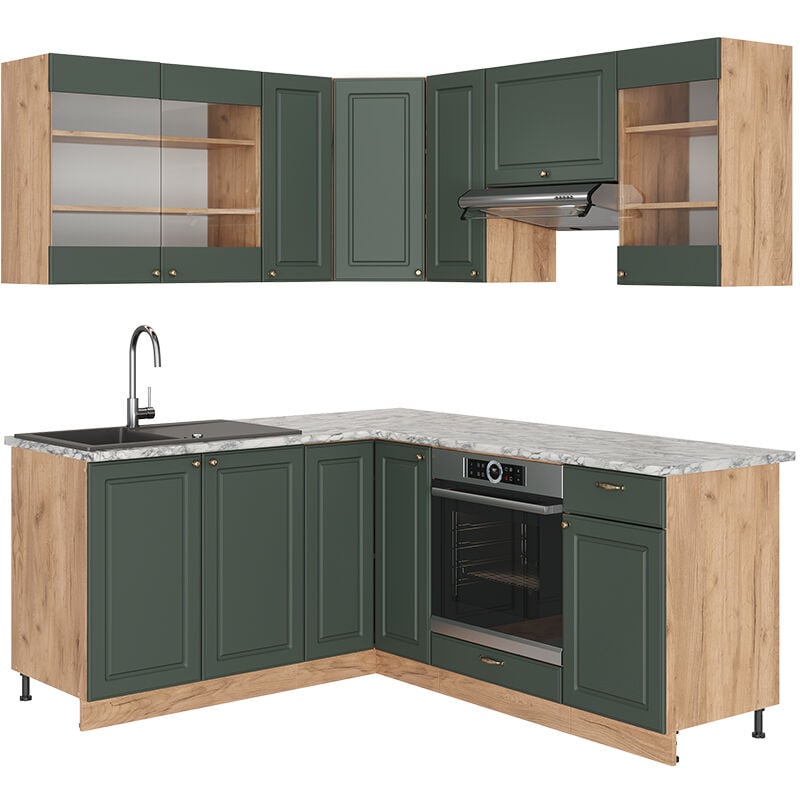 foto del prodotto vicco cucina angolare completa fame line, quercia verde oro country oro power, 160 x 60 cm senza piano di lavoro