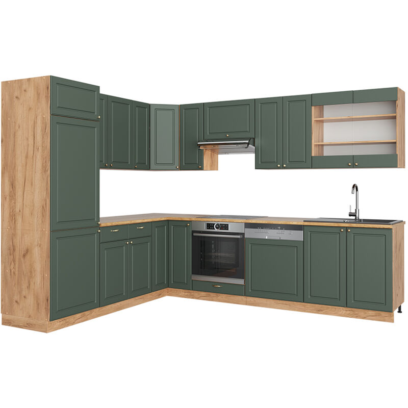 foto del prodotto vicco cucina angolare completa fame line, quercia verde oro country oro power, 227 x 60 cm senza piano di lavoro