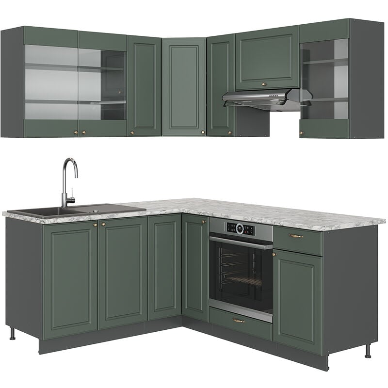 foto del prodotto vicco cucina angolare completa fame line, verde oro country house antracite, 160 x 60 cm senza piano di lavoro