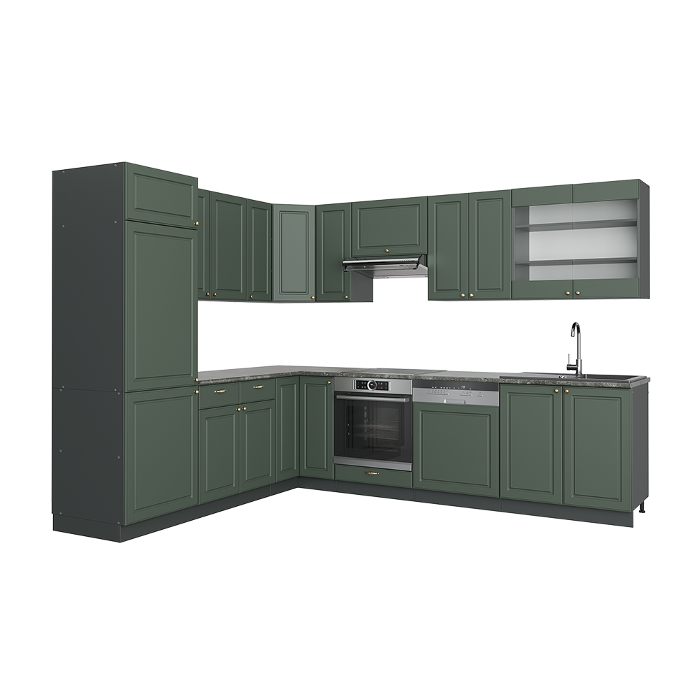 foto del prodotto vicco cucina angolare completa fame line, verde oro country house antracite, 227 x 60 cm senza piano di lavoro