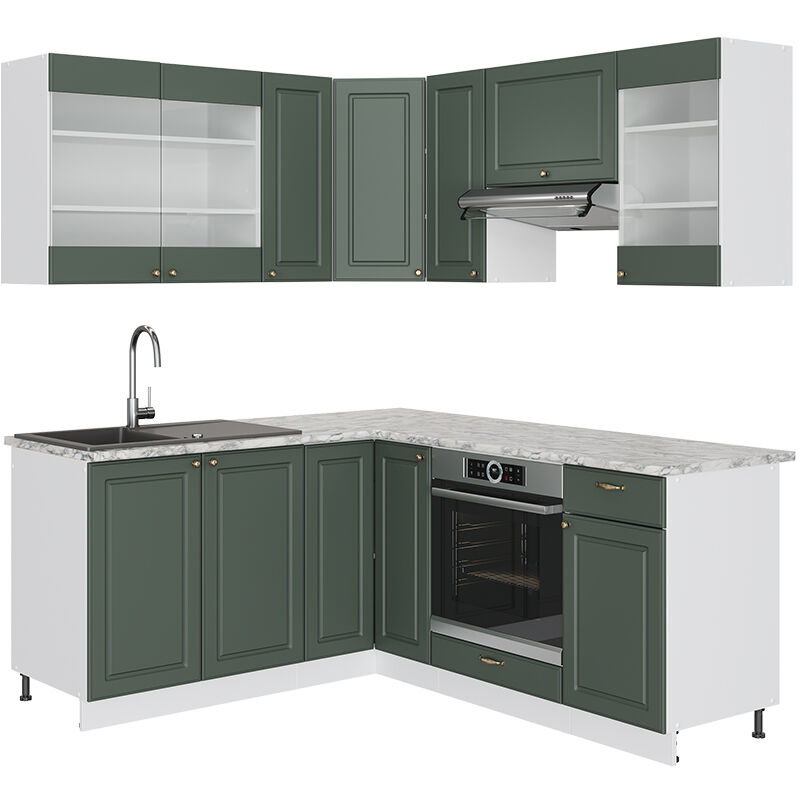 foto del prodotto vicco cucina angolare completa fame line, verde oro country house bianco, 160 x 60 cm senza piano di lavoro