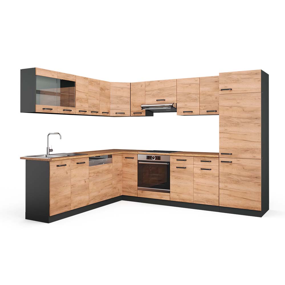 foto del prodotto vicco cucina angolare completa quercia dorata antracite 227 x 287 cm , pl rovere