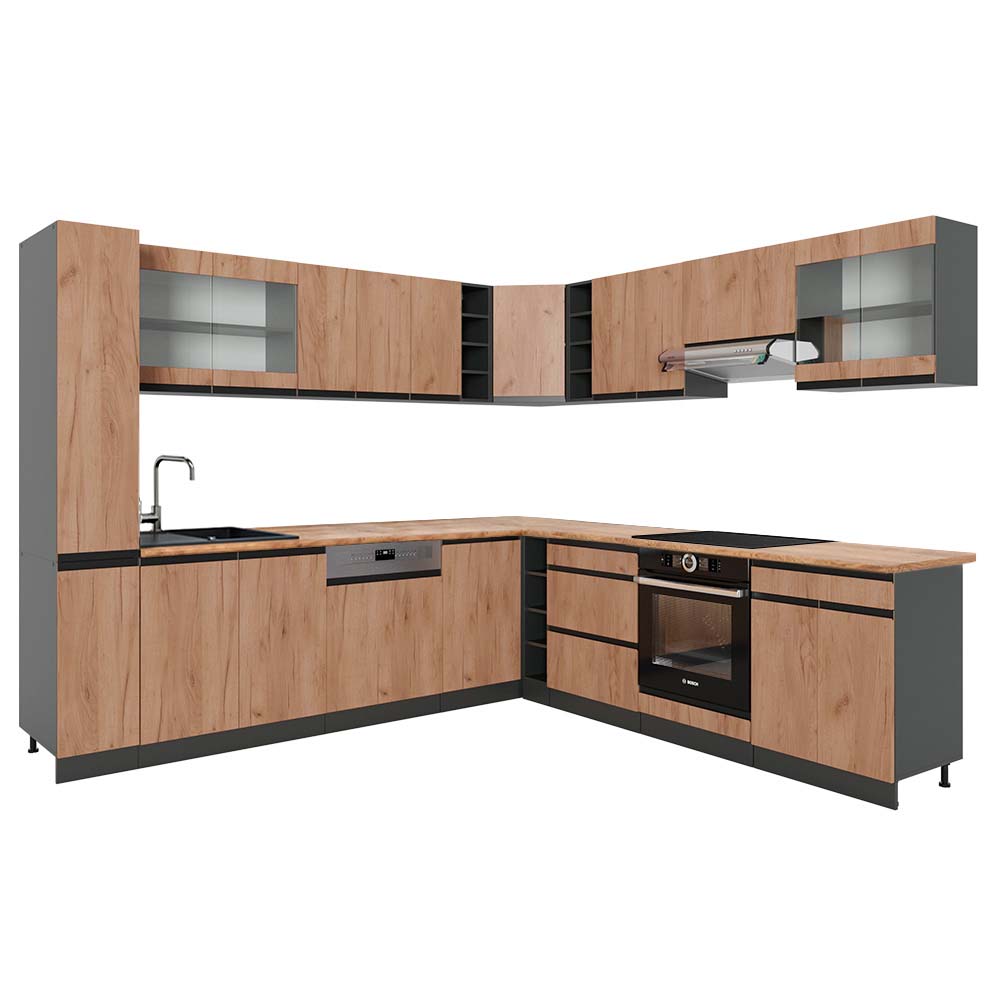 foto del prodotto vicco cucina angolare completa quercia dorata antracite 257 x 277 cm j-shape, pl rovere