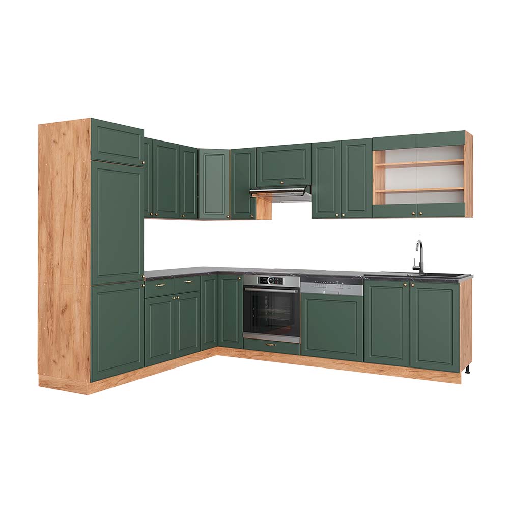 foto del prodotto vicco cucina angolare completa quercia verde oro country oro power 227 x 287 cm , pl antracite