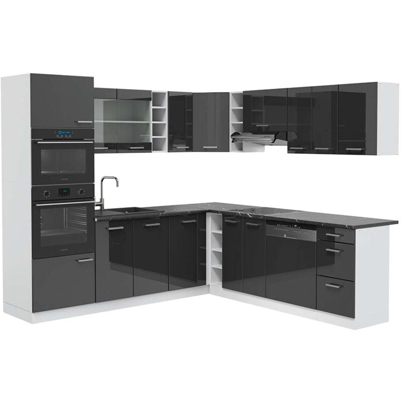 foto del prodotto vicco cucina angolare completa r line, antracite lucido bianco, 237 x 247 cm , pl antracite
