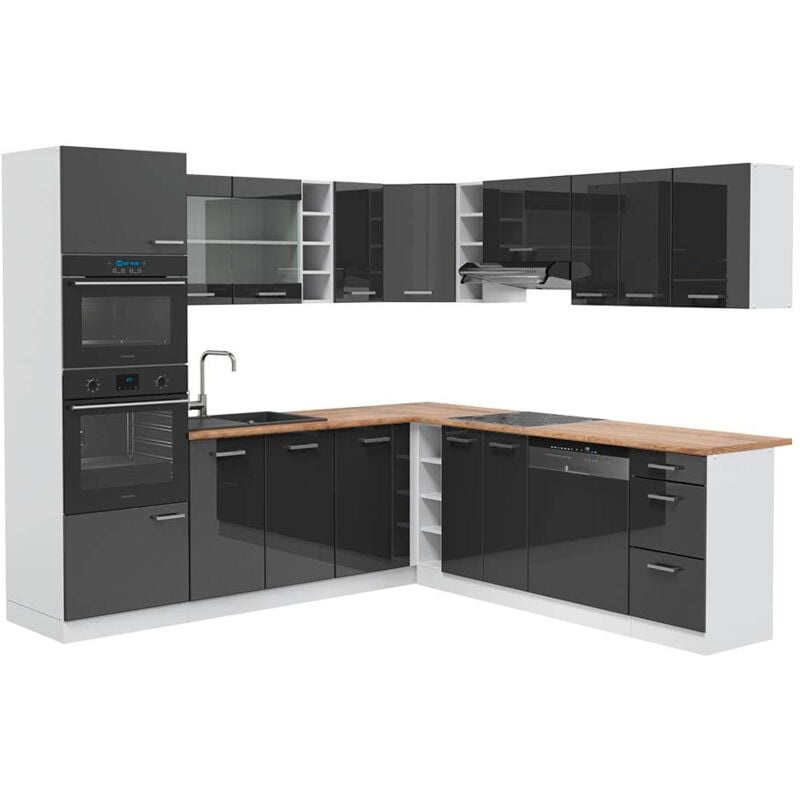 foto del prodotto vicco cucina angolare completa r line, antracite lucido bianco, 237 x 247 cm , pl rovere