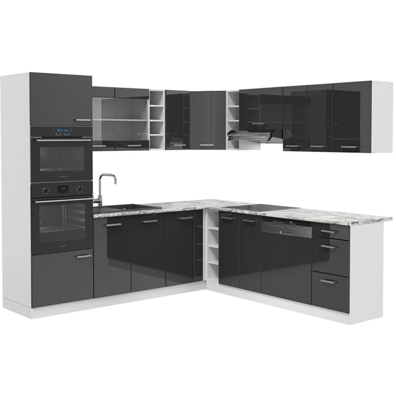 foto del prodotto vicco cucina angolare completa r line, antracite lucido bianco, 237 x 60 cm , pl marmo