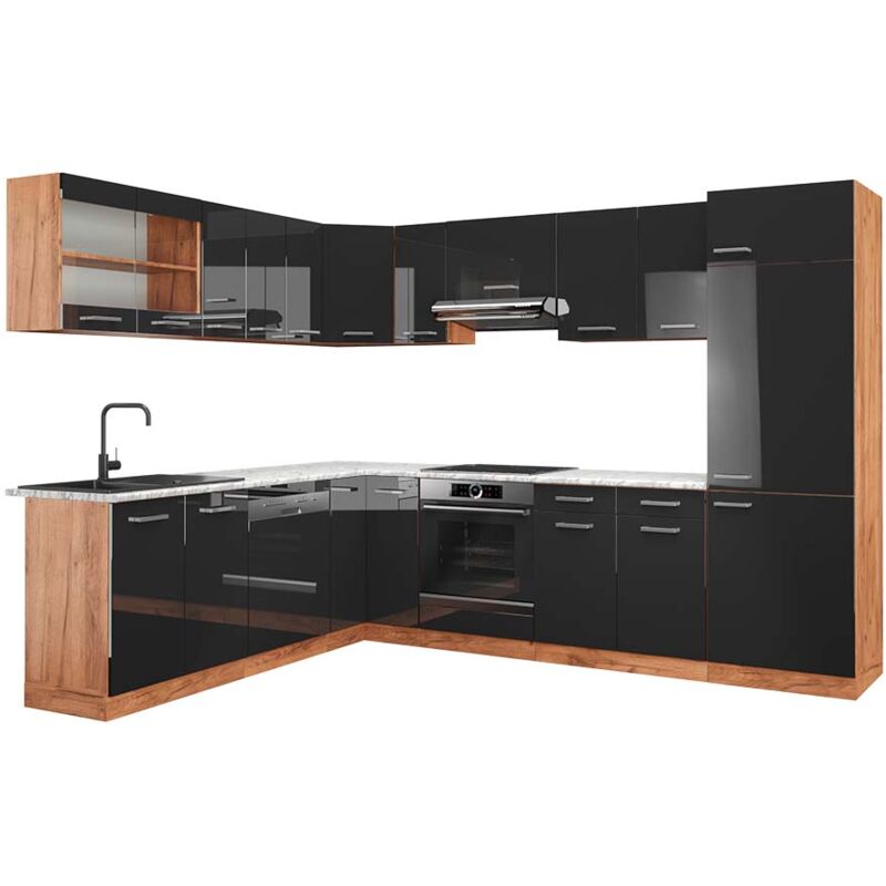 foto del prodotto vicco - cucina angolare completa r-line, antracite lucido/oro power oak, 227 x 287 cm , pl marmo