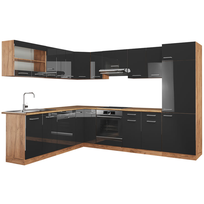 foto del prodotto vicco cucina angolare completa r line, antracite lucido oro power oak, 227 x 287 cm , pl rovere