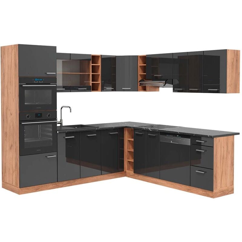 foto del prodotto vicco cucina angolare completa r line, antracite lucido oro power oak, 237 x 247 cm , pl antracite