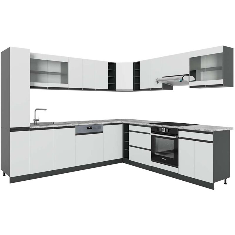 foto del prodotto vicco - cucina angolare completa r-line, bianco antracite, 257 x 277 cm j-shape, pl marmo