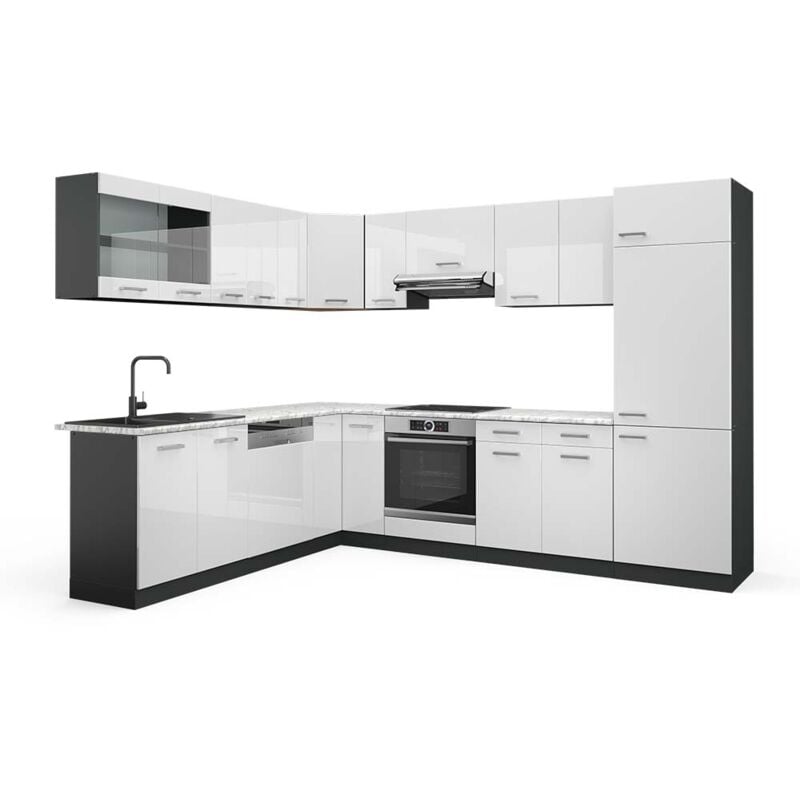 foto del prodotto vicco cucina angolare completa r line, bianco lucido antracite, 227 x 287 cm , pl marmo