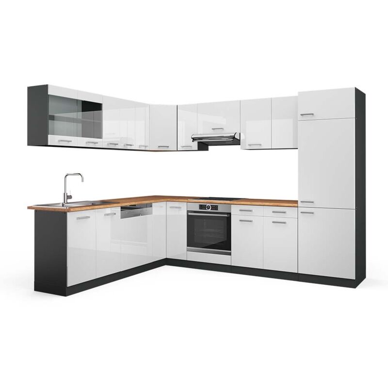 foto del prodotto vicco cucina angolare completa r line, bianco lucido antracite, 227 x 287 cm , pl rovere