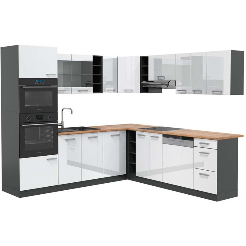 foto del prodotto vicco - cucina angolare completa r-line, bianco lucido/antracite, 237 x 247 cm , pl rovere