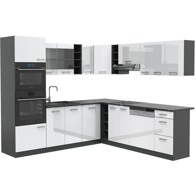 foto del prodotto vicco cucina angolare completa r line, bianco lucido antracite, 237 x 60 cm senza piano di lavoro