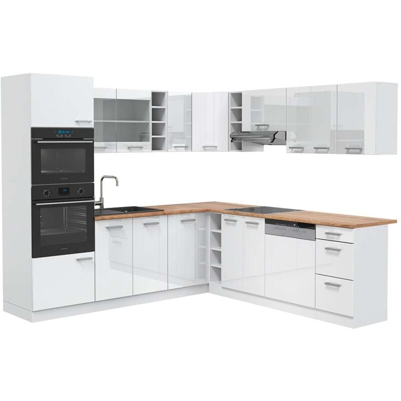 foto del prodotto vicco - cucina angolare completa r-line, bianco lucido bianco, 237 x 247 cm , pl rovere