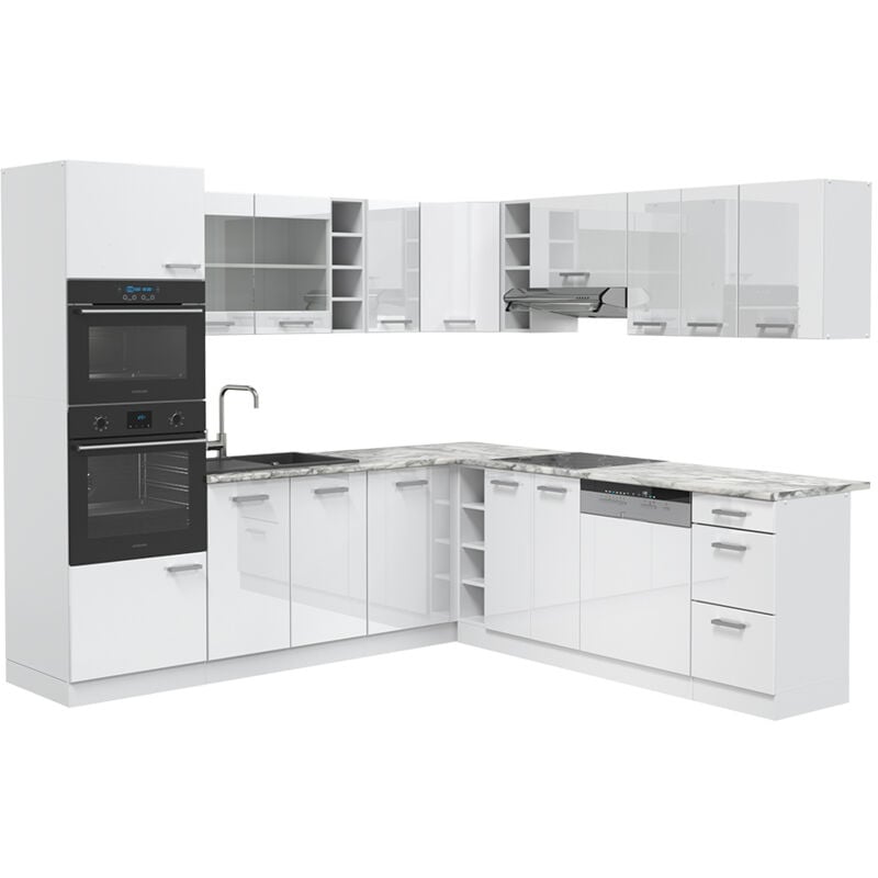 foto del prodotto vicco cucina angolare completa r line, bianco lucido bianco, 237 x 60 cm senza piano di lavoro