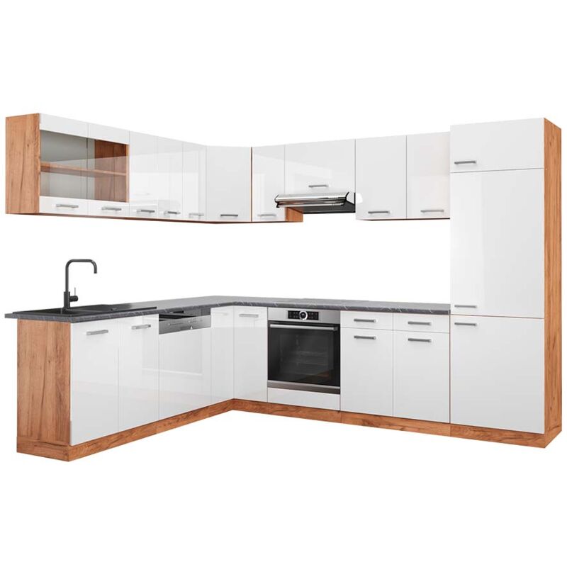 foto del prodotto vicco - cucina angolare completa r-line, bianco lucido/oro power oak, 227 x 287 cm , pl antracite