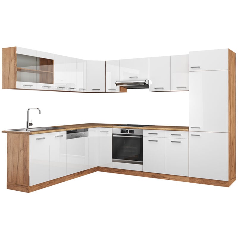foto del prodotto vicco cucina angolare completa r line, bianco lucido oro power oak, 227 x 287 cm , pl rovere