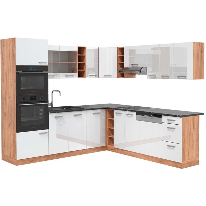 foto del prodotto vicco cucina angolare completa r line, bianco lucido oro power oak, 237 x 247 cm , pl antracite