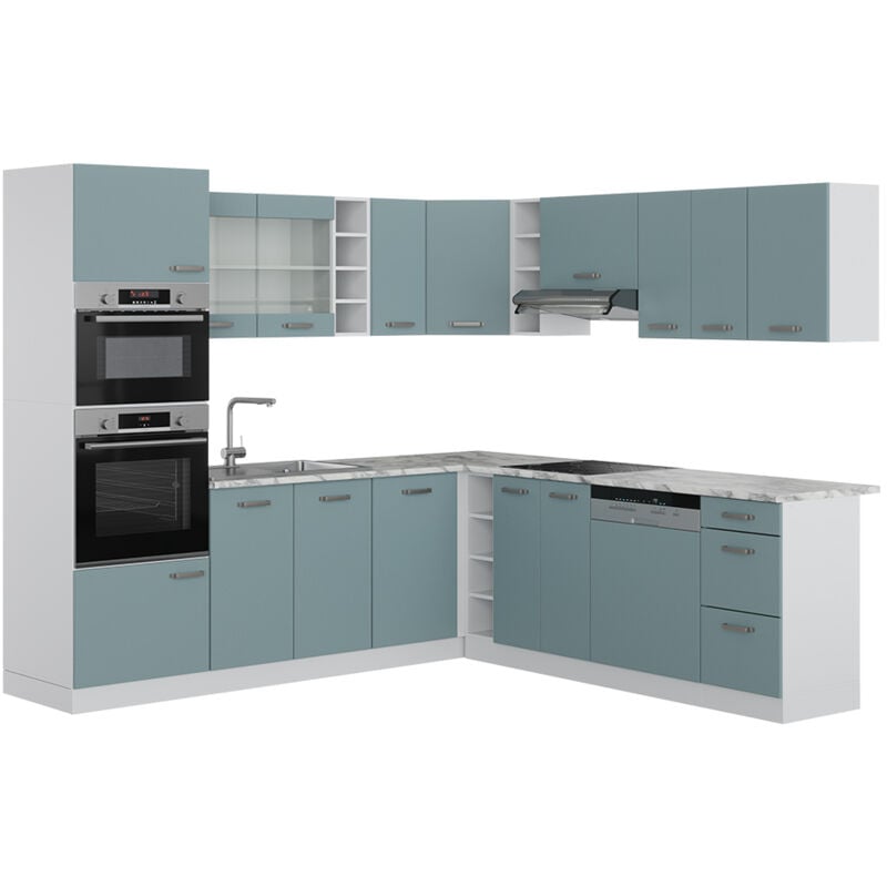 foto del prodotto vicco cucina angolare completa r line, blu grigio bianco, 237 x 60 cm senza piano di lavoro