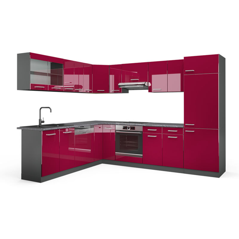 foto del prodotto vicco cucina angolare completa r line, bordeaux lucido antracite, 227 x 287 cm , pl antracite