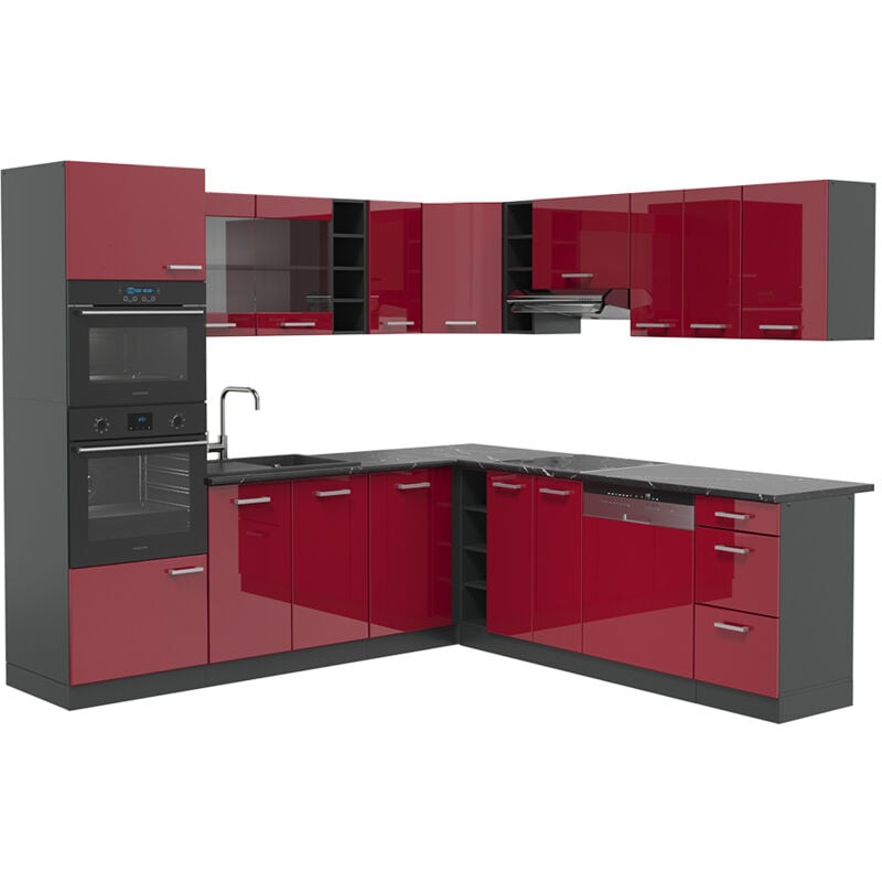 foto del prodotto vicco cucina angolare completa r line, bordeaux lucido antracite, 237 x 60 cm senza piano di lavoro