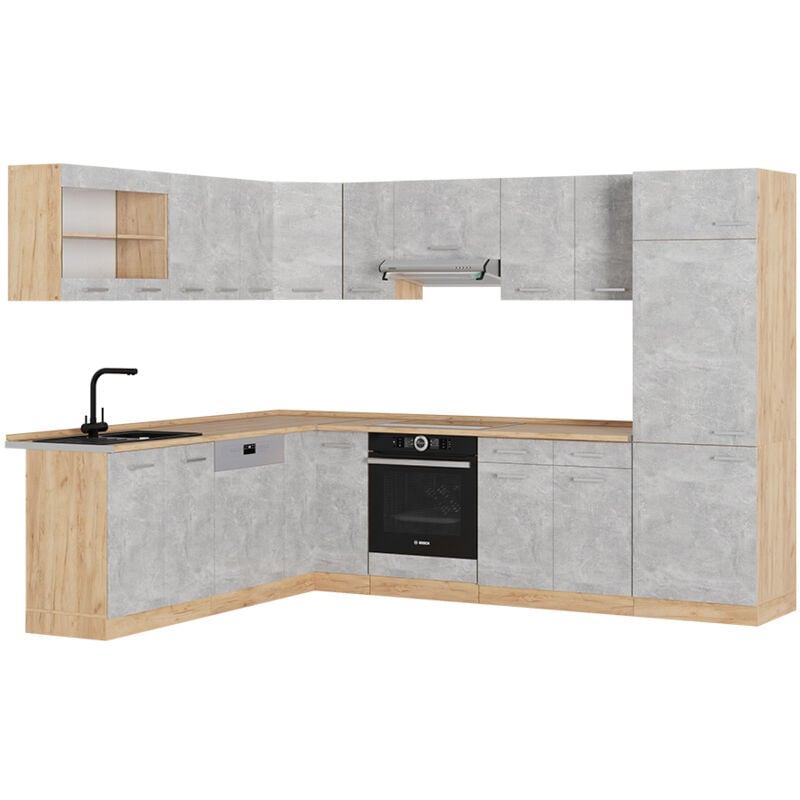 foto del prodotto vicco cucina angolare completa r line, calcestruzzo quercia dorata, 227 x 287 cm senza piano di lavoro