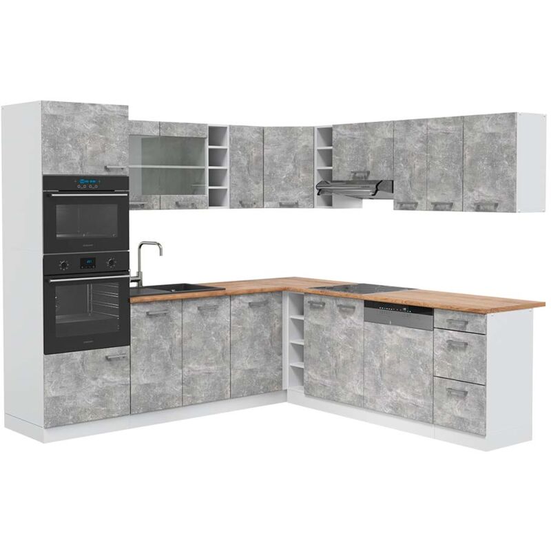 foto del prodotto vicco cucina angolare completa r line, cemento bianco, 237 x 247 cm , pl rovere