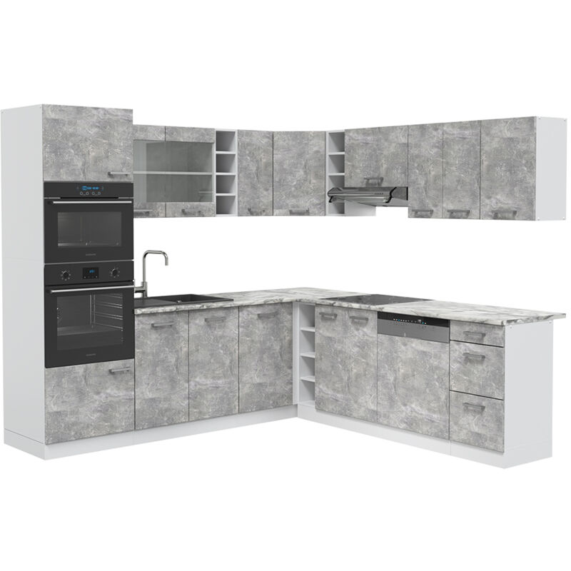 foto del prodotto vicco cucina angolare completa r line, cemento bianco, 237 x 60 cm , pl marmo