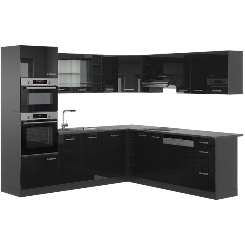 foto del prodotto vicco cucina angolare completa r line, nero lucido antracite, 237 x 60 cm senza piano di lavoro