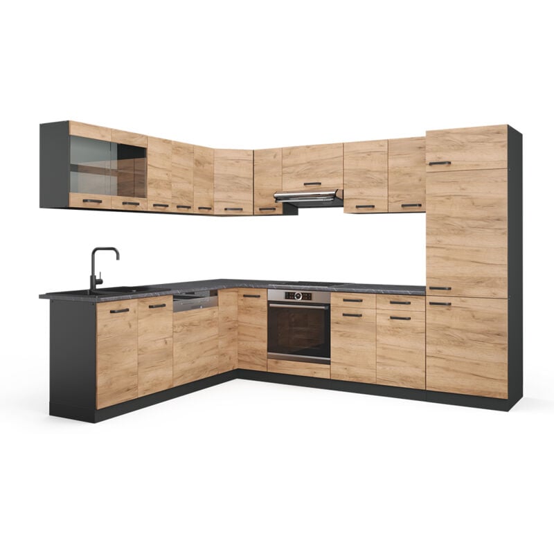 foto del prodotto vicco cucina angolare completa r line, quercia dorata antracite, 227 x 287 cm , pl antracite