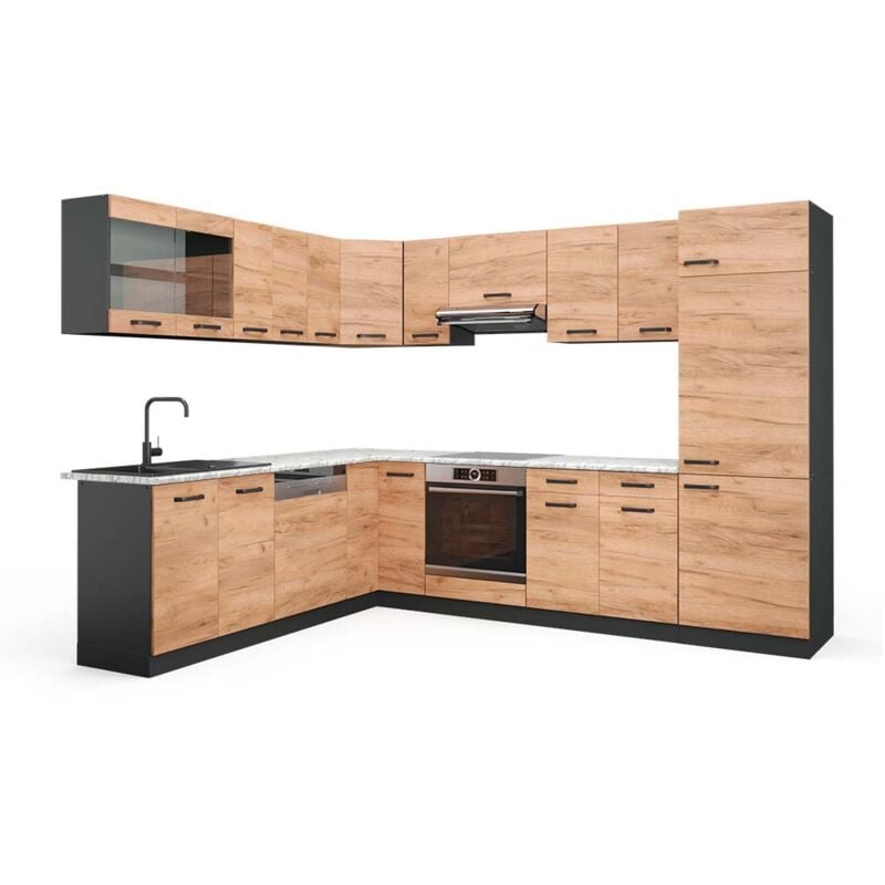 foto del prodotto vicco cucina angolare completa r line, quercia dorata antracite, 227 x 287 cm , pl marmo