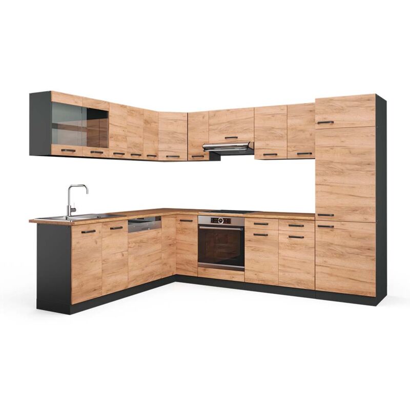 foto del prodotto vicco cucina angolare completa r line, quercia dorata antracite, 227 x 287 cm , pl rovere