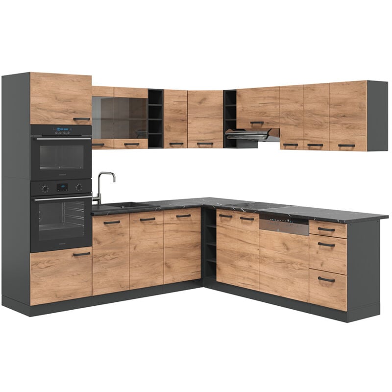 foto del prodotto vicco cucina angolare completa r line, quercia dorata antracite, 237 x 247 cm , pl antracite