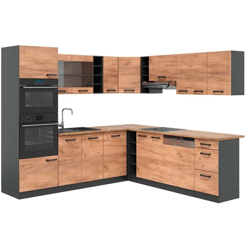 foto del prodotto vicco cucina angolare completa r line, quercia dorata antracite, 237 x 247 cm , pl rovere