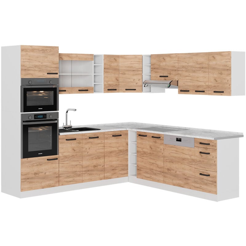 foto del prodotto vicco cucina angolare completa r line, quercia dorata bianco, 237 x 247 cm senza piano di lavoro