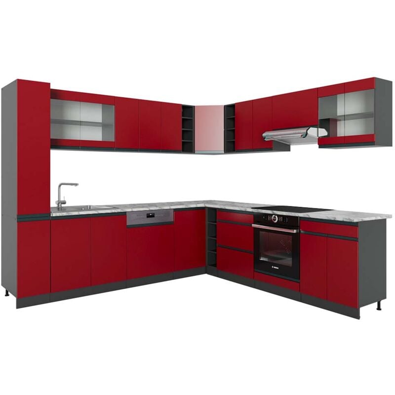 foto del prodotto vicco cucina angolare completa r line, rosso antracite, 257 x 277 cm j shape, pl marmo