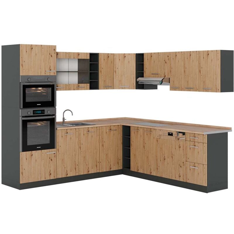 foto del prodotto vicco cucina angolare completa r line, rovere artigianale antracite, 237 x 247 cm , pl rovere
