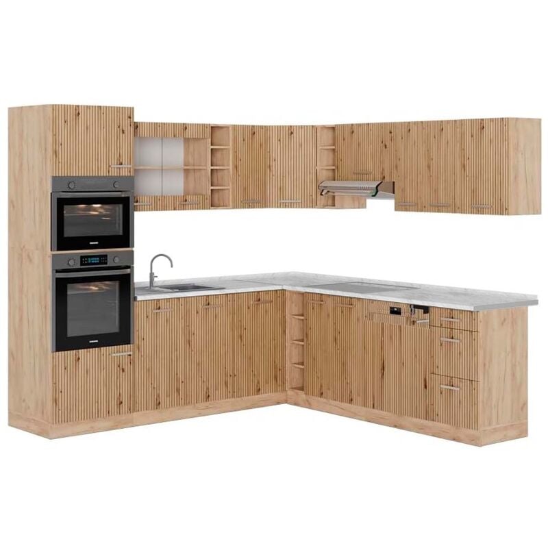 foto del prodotto vicco cucina angolare completa r line, rovere artigianale rovere goldkraft, 237 x 247 cm , pl marmo