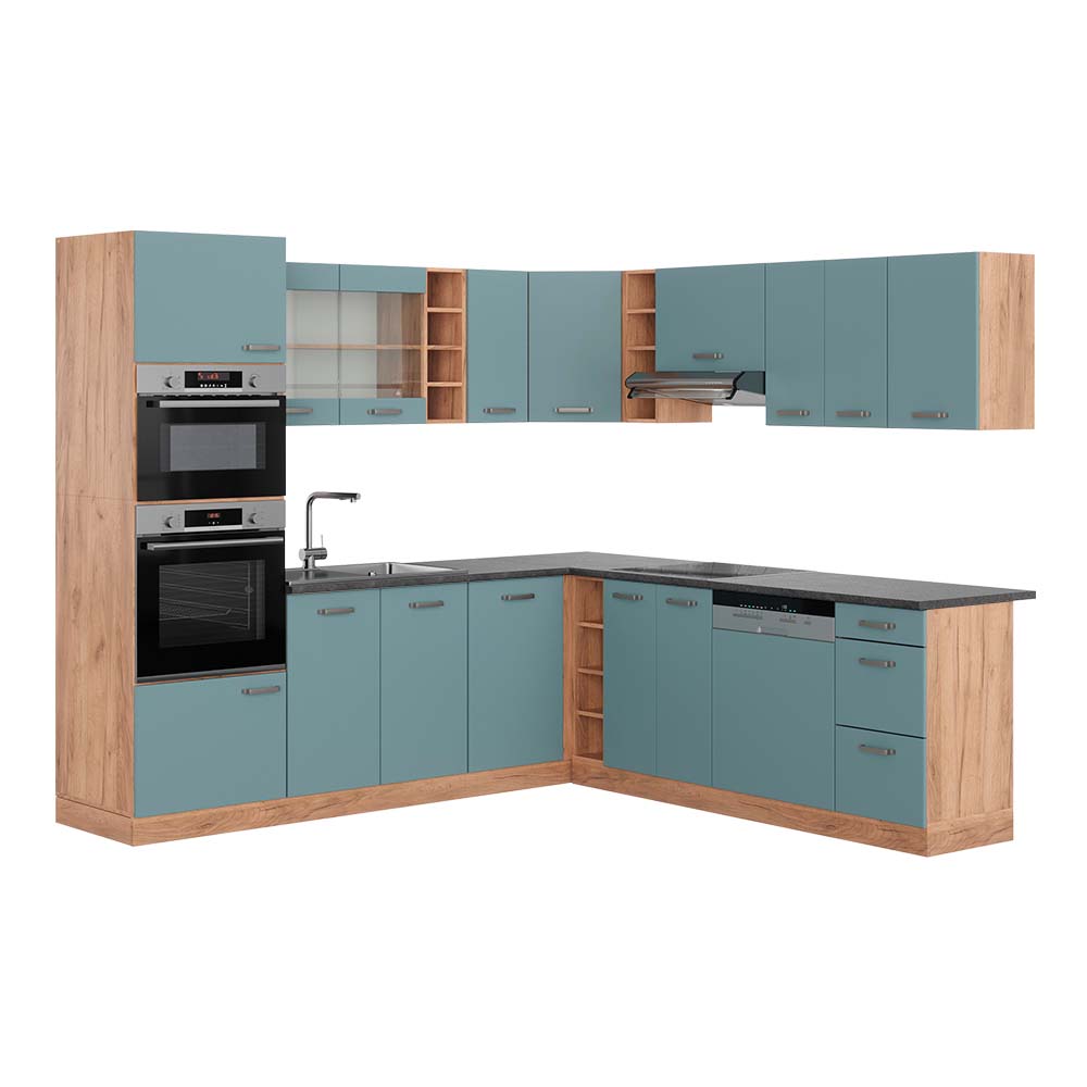 foto del prodotto vicco cucina angolare completa r line, rovere blu grigio oro, 237 x 247 cm , pl antracite
