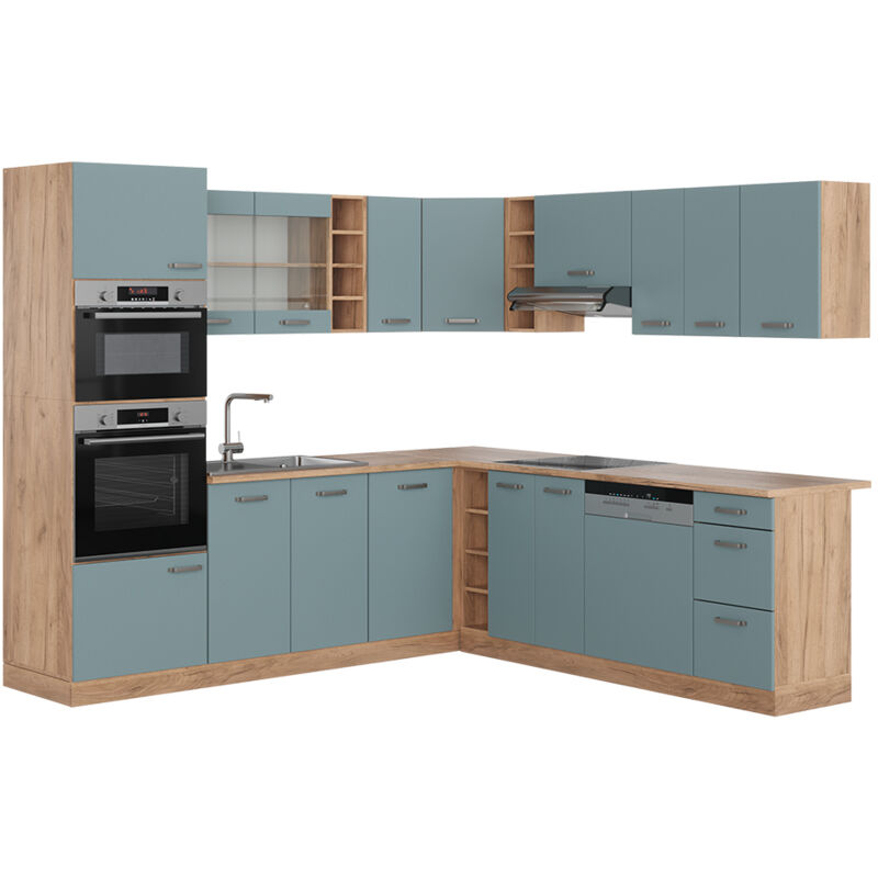 foto del prodotto vicco cucina angolare completa r line, rovere blu grigio oro, 237 x 60 cm senza piano di lavoro