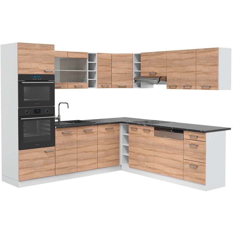 foto del prodotto vicco cucina angolare completa r line, sonoma bianco, 237 x 247 cm , pl antracite