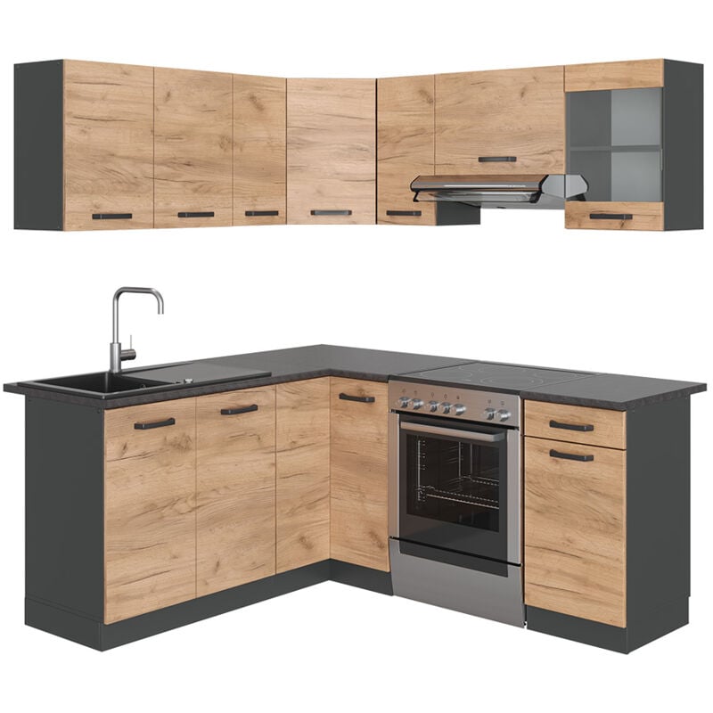 foto del prodotto vicco cucina angolare completa rick, quercia dorata antracite, 167 x 60 cm , pl antracite