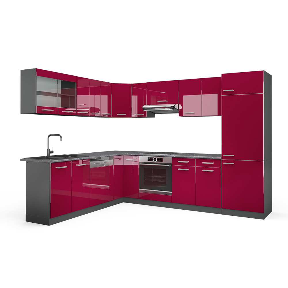 foto del prodotto vicco cucina angolare completa rosso lucido/antracite 287 x 46 cm senza piano di lavoro