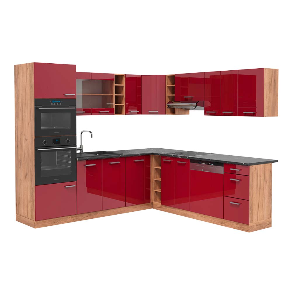foto del prodotto vicco cucina angolare completa rosso lucido/rovere dorato 247 x 60 cm , pl antracite