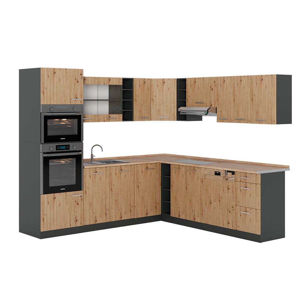 foto del prodotto vicco cucina angolare completa rovere artigianale antracite 237 x 247 cm , pl rovere