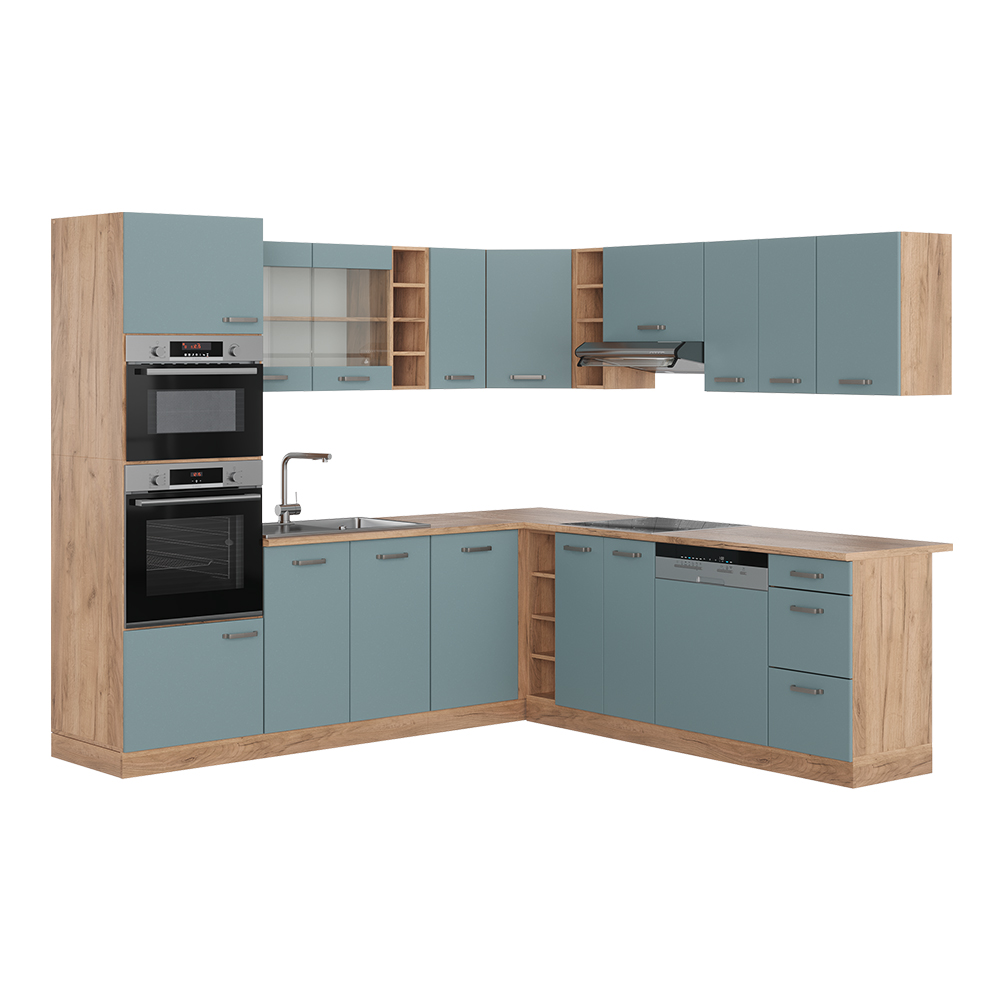 foto del prodotto vicco cucina angolare completa rovere blu-grigio oro 237 x 60 cm senza piano di lavoro