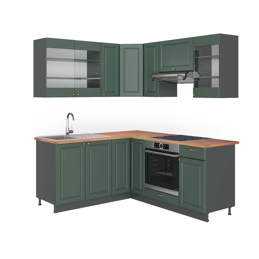 foto del prodotto vicco cucina angolare completa verde oro country house antracite 160 x 190 cm , pl rovere