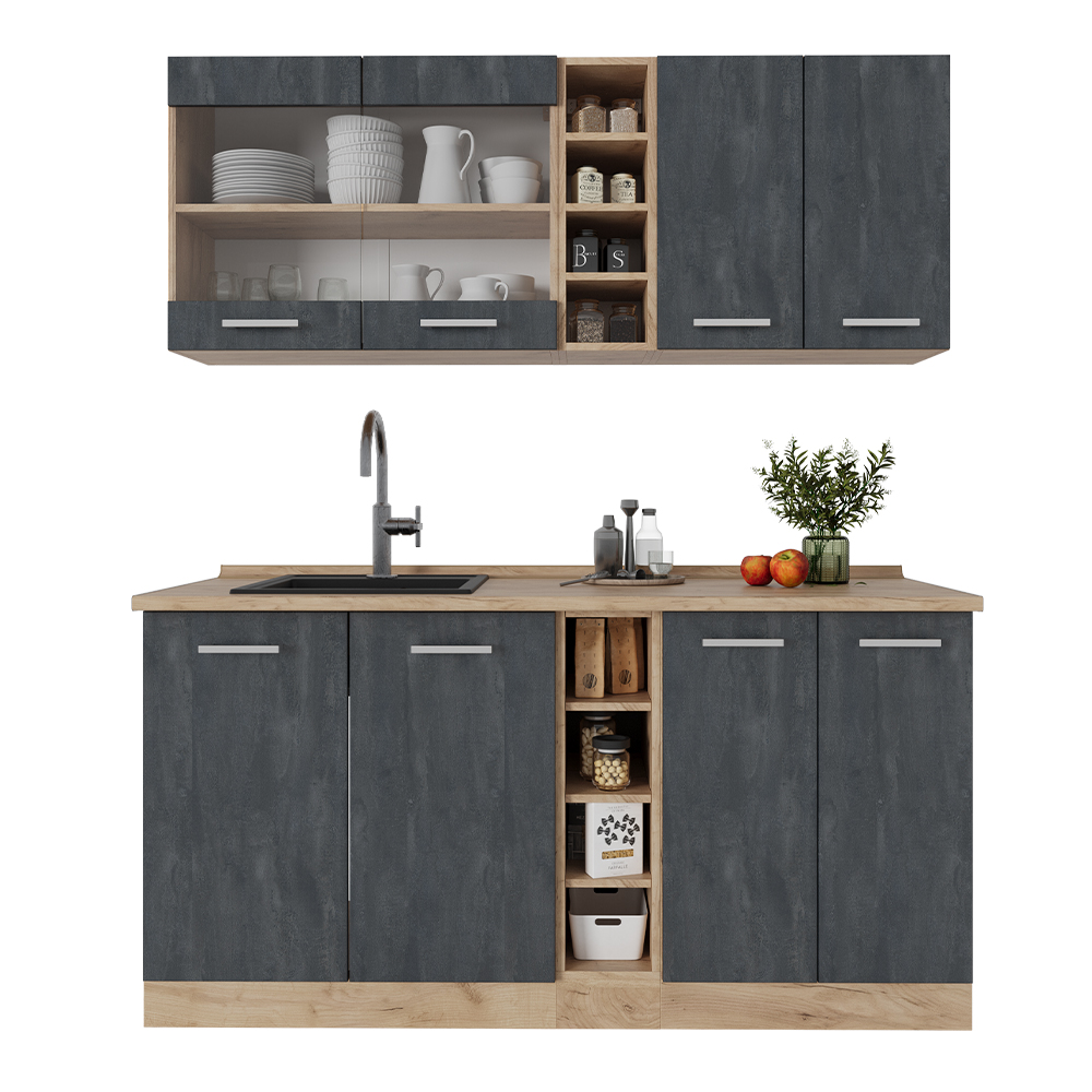 foto del prodotto vicco cucina completa calcestruzzo nero quercia dorata 160 cm pt rovere